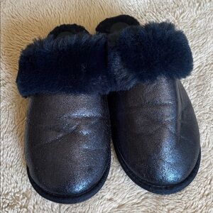 Anthropologie Blue Metallic Fuzzy Slippers size L